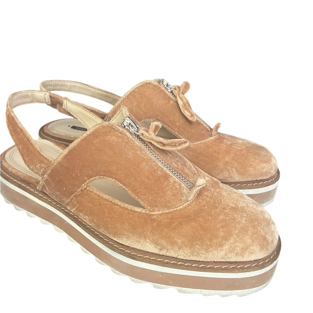 Zara Tan Velvet Platform Slingback Sandals